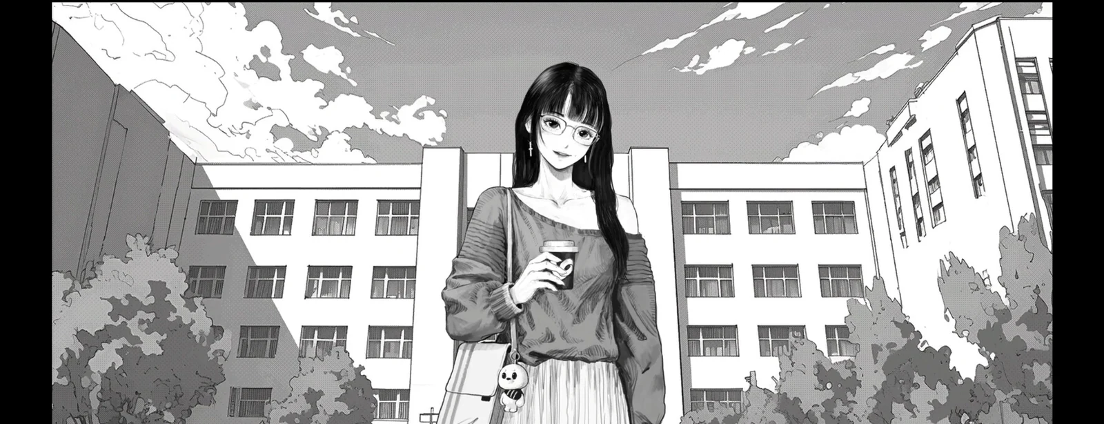黑白漫画风的校园中庭，手持饮料的长发角色站在教学楼前